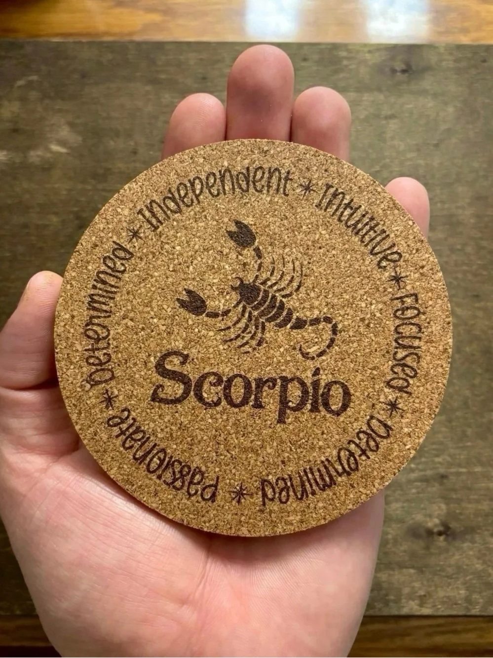 Scorpio Zodiac Sign Encircled Laser Engraved Cork Coaster